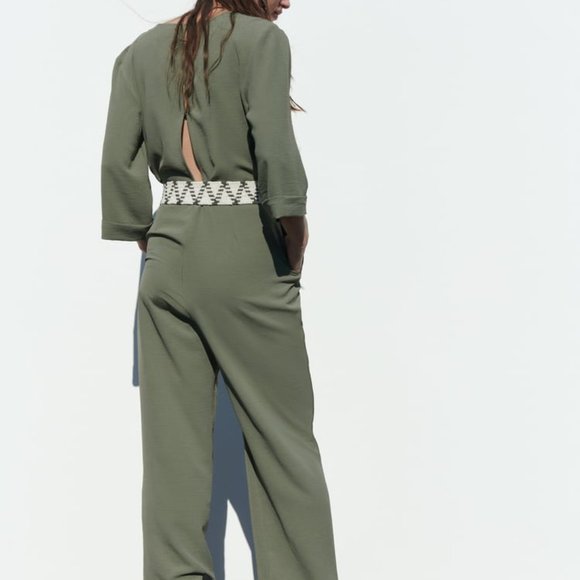 Zara | Pants & Jumpsuits | Nwt Zara Long Belted Jumpsuit Dark Khaki Ref ...